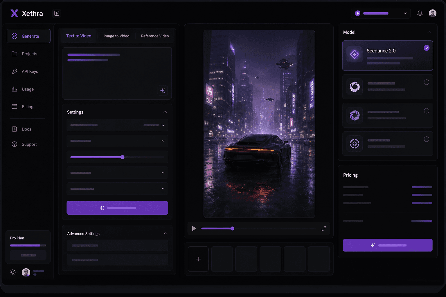 Xethra AI video studio interface